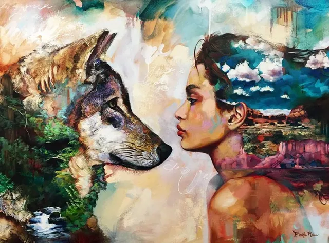オオカミと女性　油絵