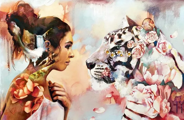 女性と虎の油絵　花