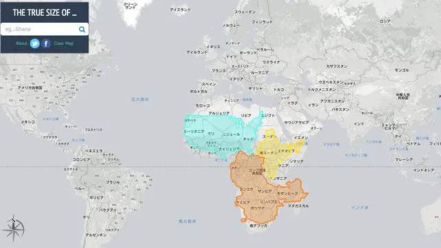 国土の大きさ　 同一の比率　世界地図